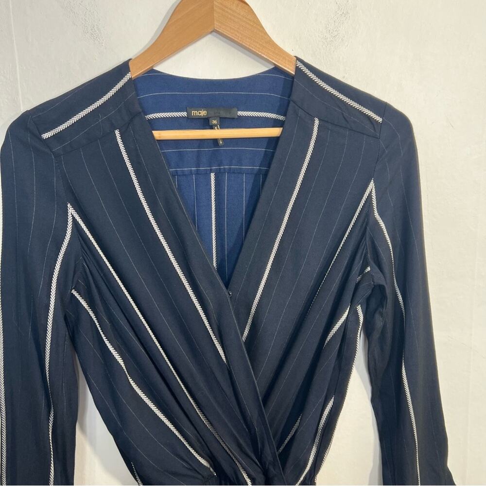 MAJE PANTI Jumpsuit Navy w Silver Metallic Pinstripes Long Sleeve Size 4 - Picture 7 of 16